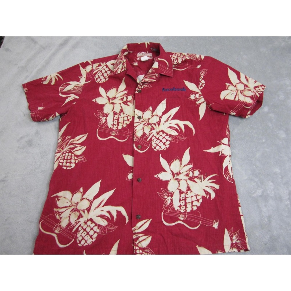 RJC Shirt Mens Large Red Hawaiian Floral Facebook Embroidered Button Front